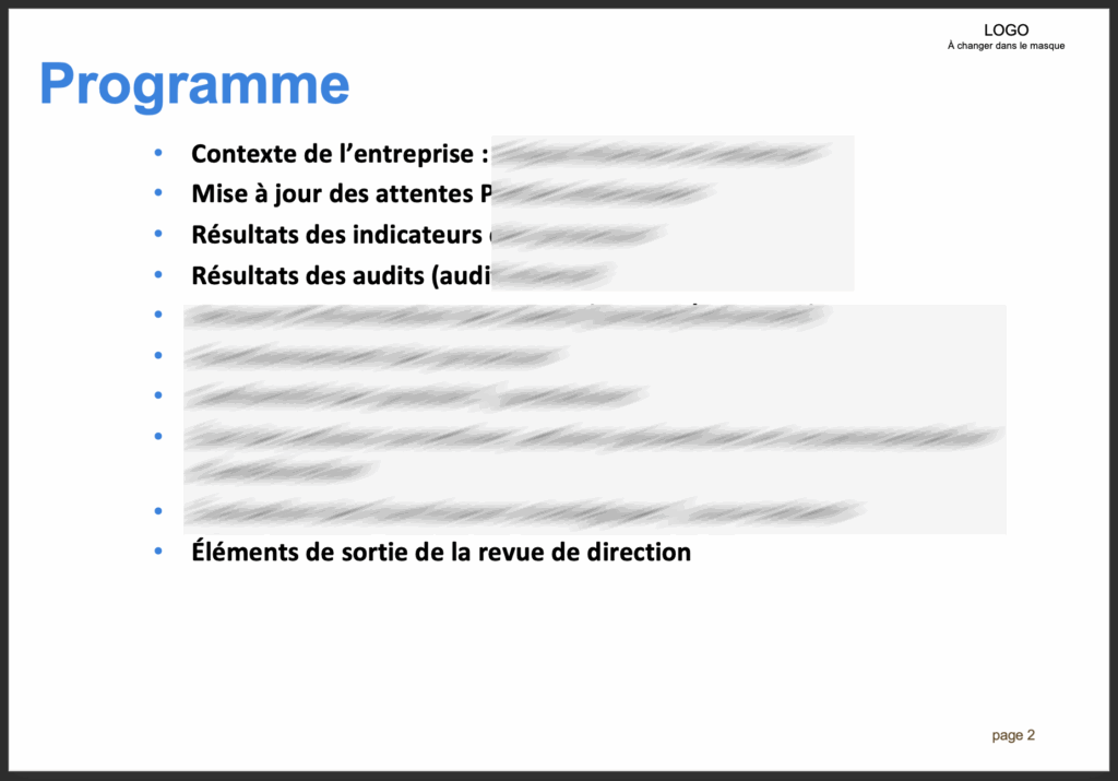 programme de la revue de direction